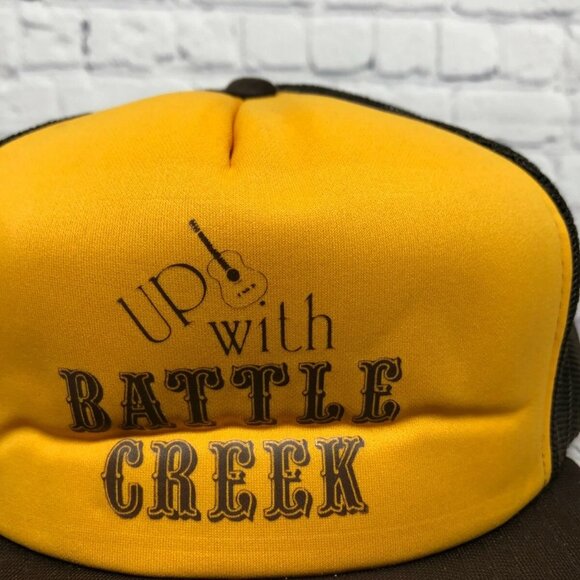 Vintage Hat Cap Snapback Yellow Brown Trucker Mesh Up with Battle Creek One Size - Picture 6 of 7